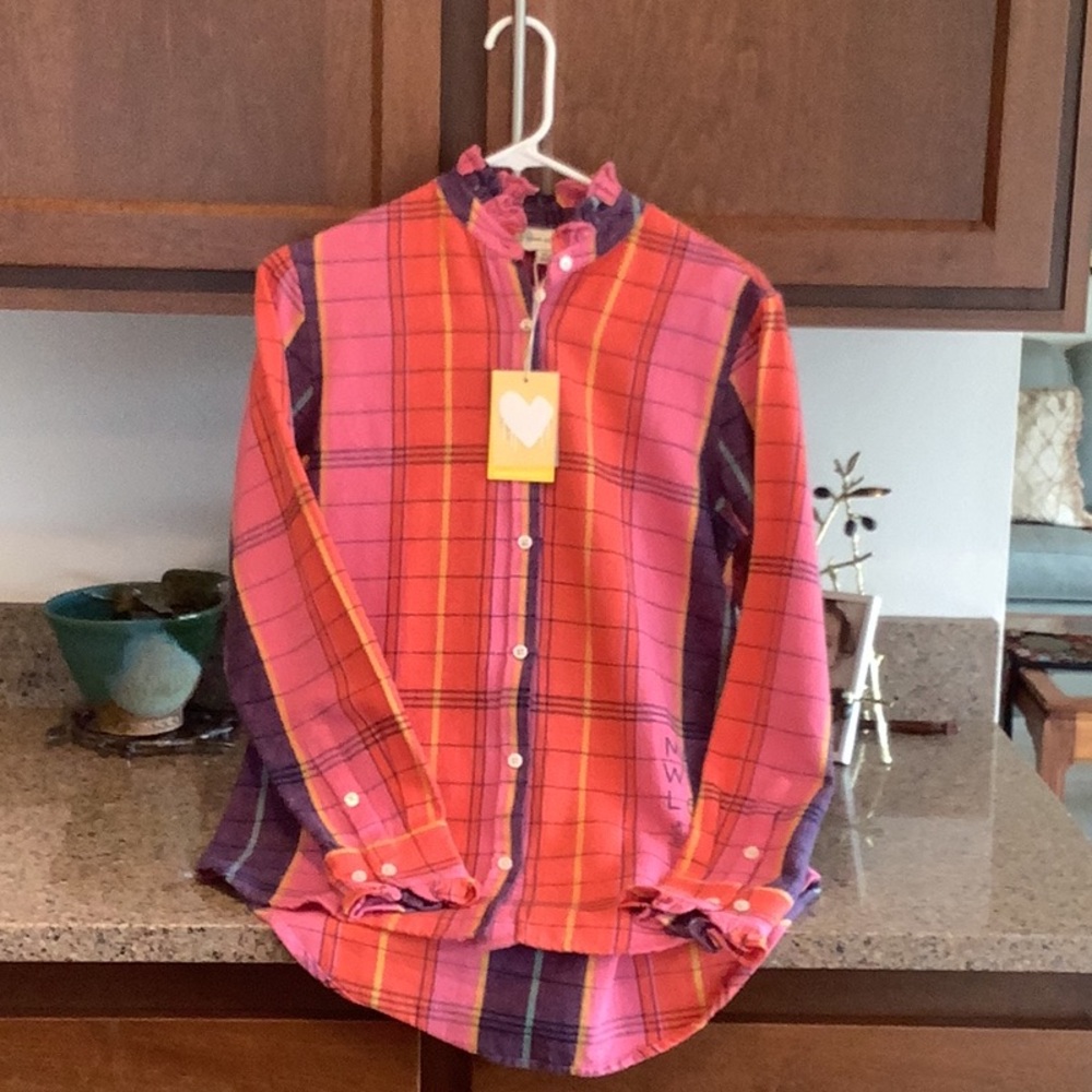 Kerri Rosenthal Mia Ruffle shirt cabin plaid